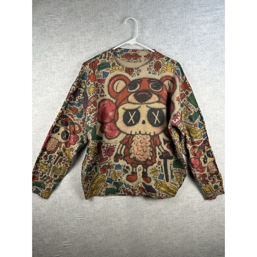 Women Sweater Medium Beige Red Stretch Crew Neck Print Bear Dolls Grunge Punk